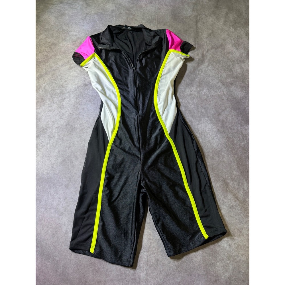Fashion Nova Womens Colorblock Romper Neon Pink Yellow Black Athletic BikerShort